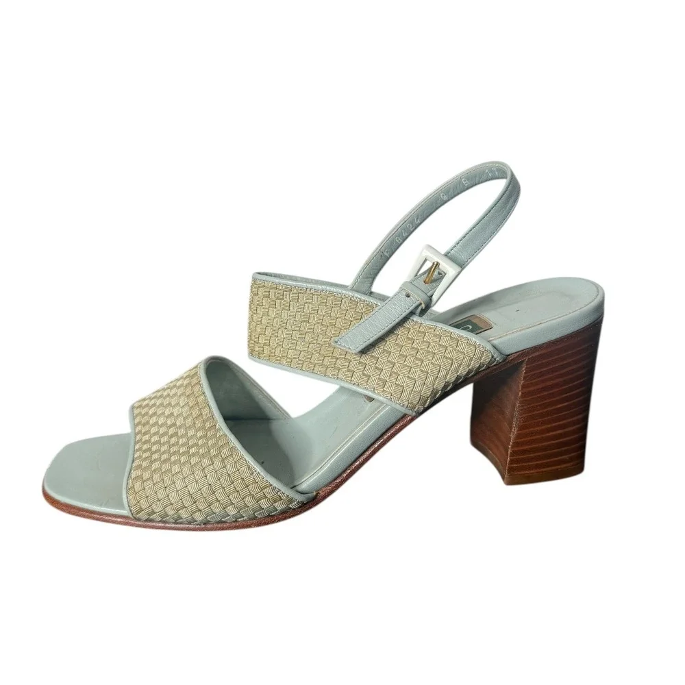 Vintage Woven Leather Sandals 8‎ Blue Chunky Block Heel Boho 90s Cole Haan